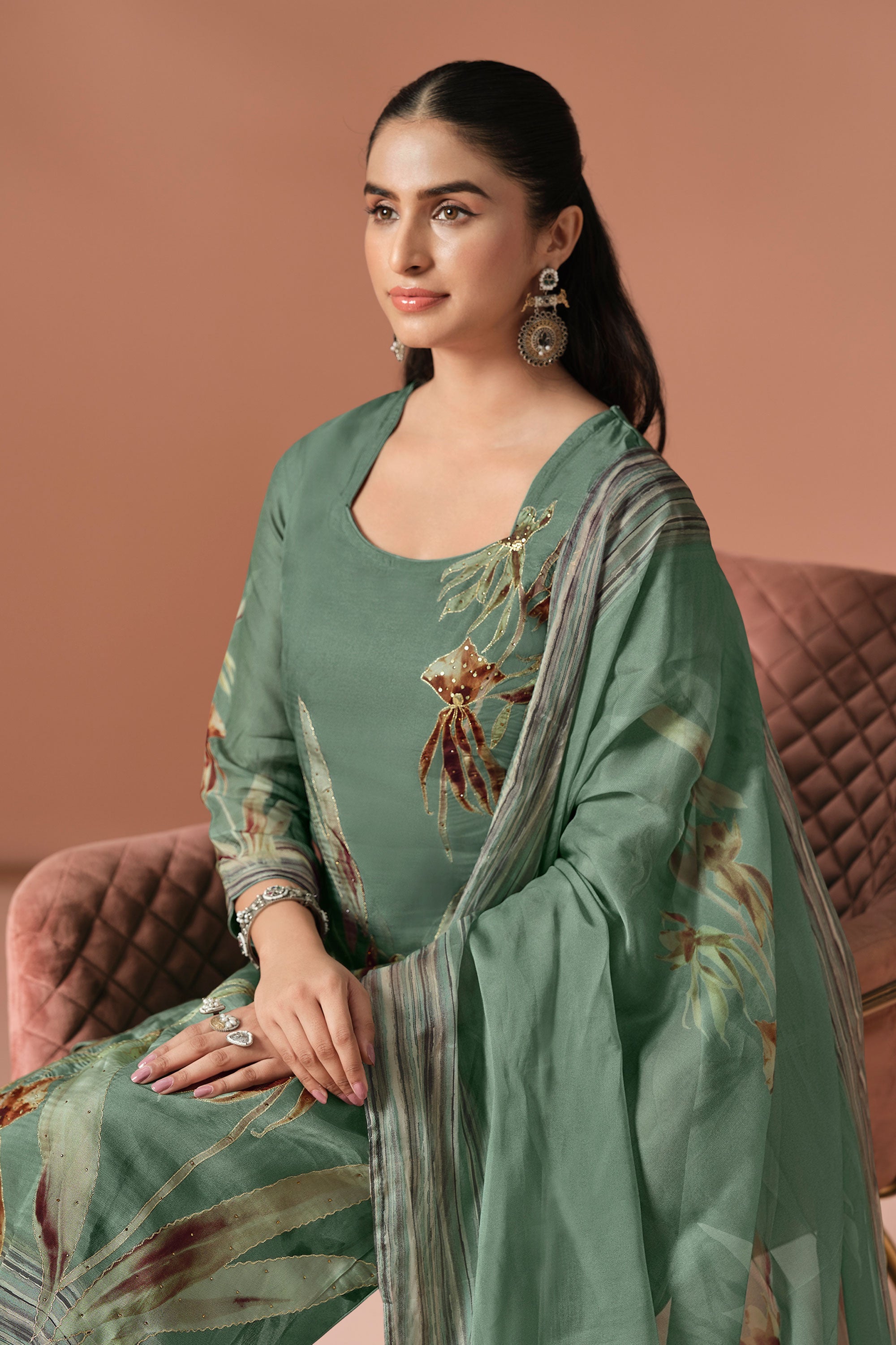 Elegant Viscose Organza Printed Casual Salwar Suit Secondary image