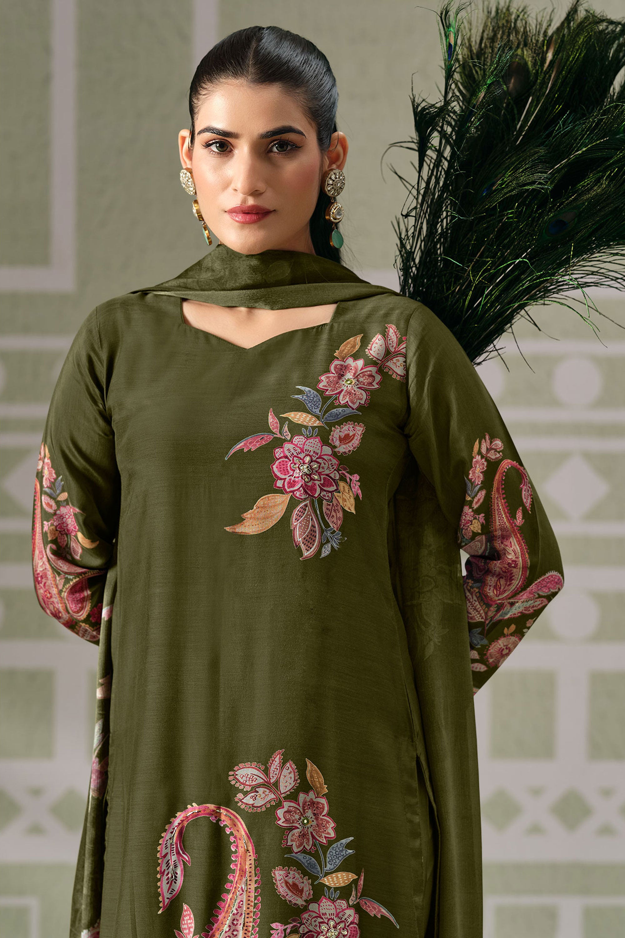 Pure Green Bemberg Modal Digital Print Festive Wear Suit Secondary image