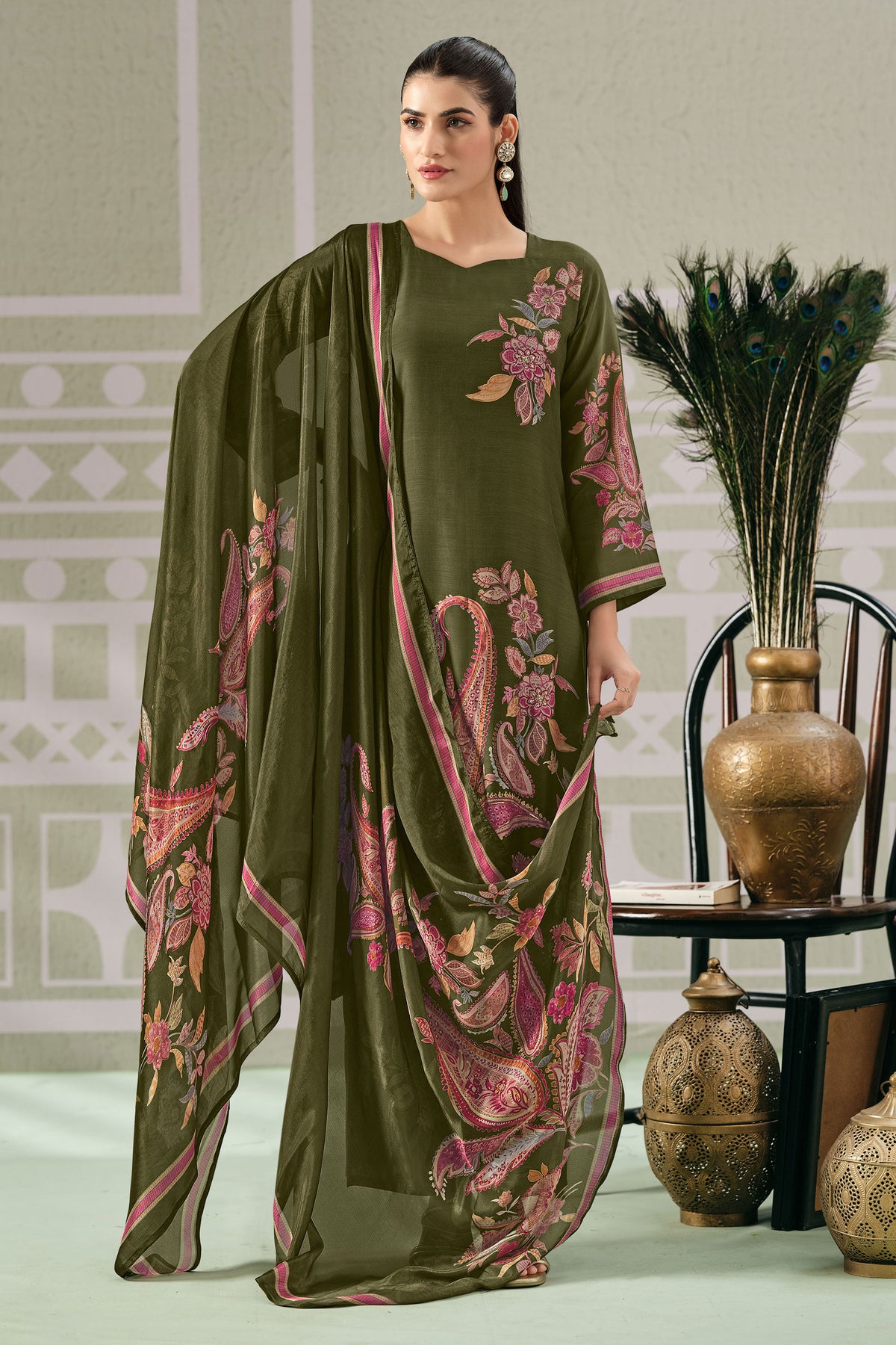 Pure Green Bemberg Modal Digital Print Festive Wear Suit