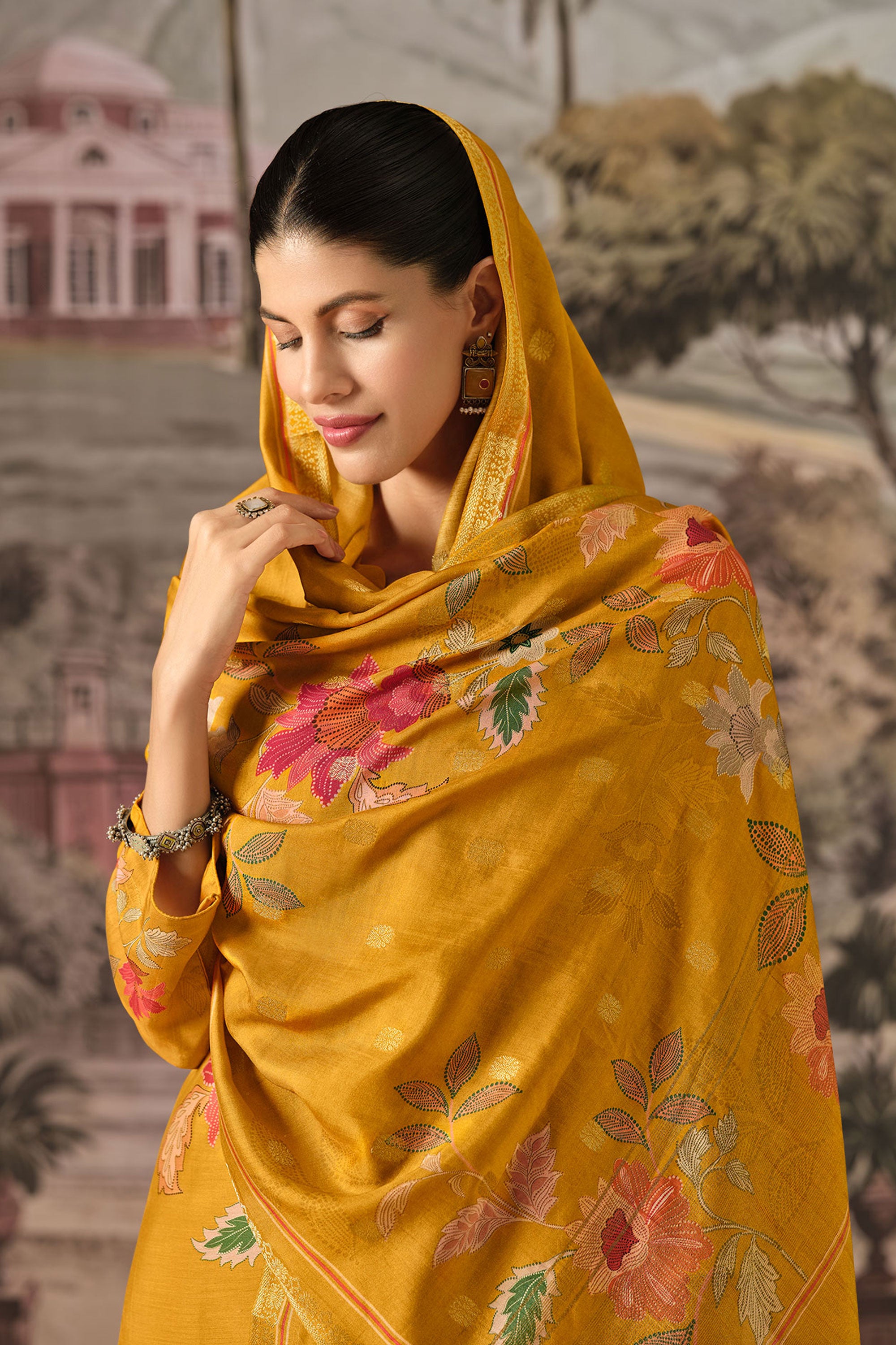 Pure Bemberg Modal Digital Print Yellow Salwar Kameez Secondary image