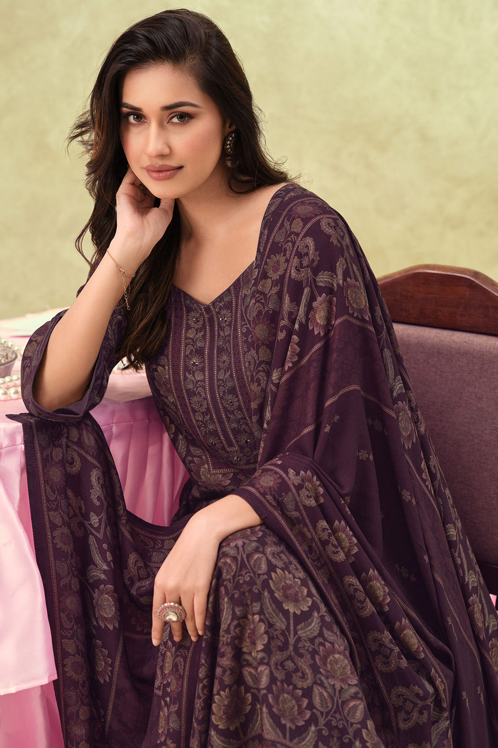 Elegant Pashmina Digital Print Embroidered Casual Suit