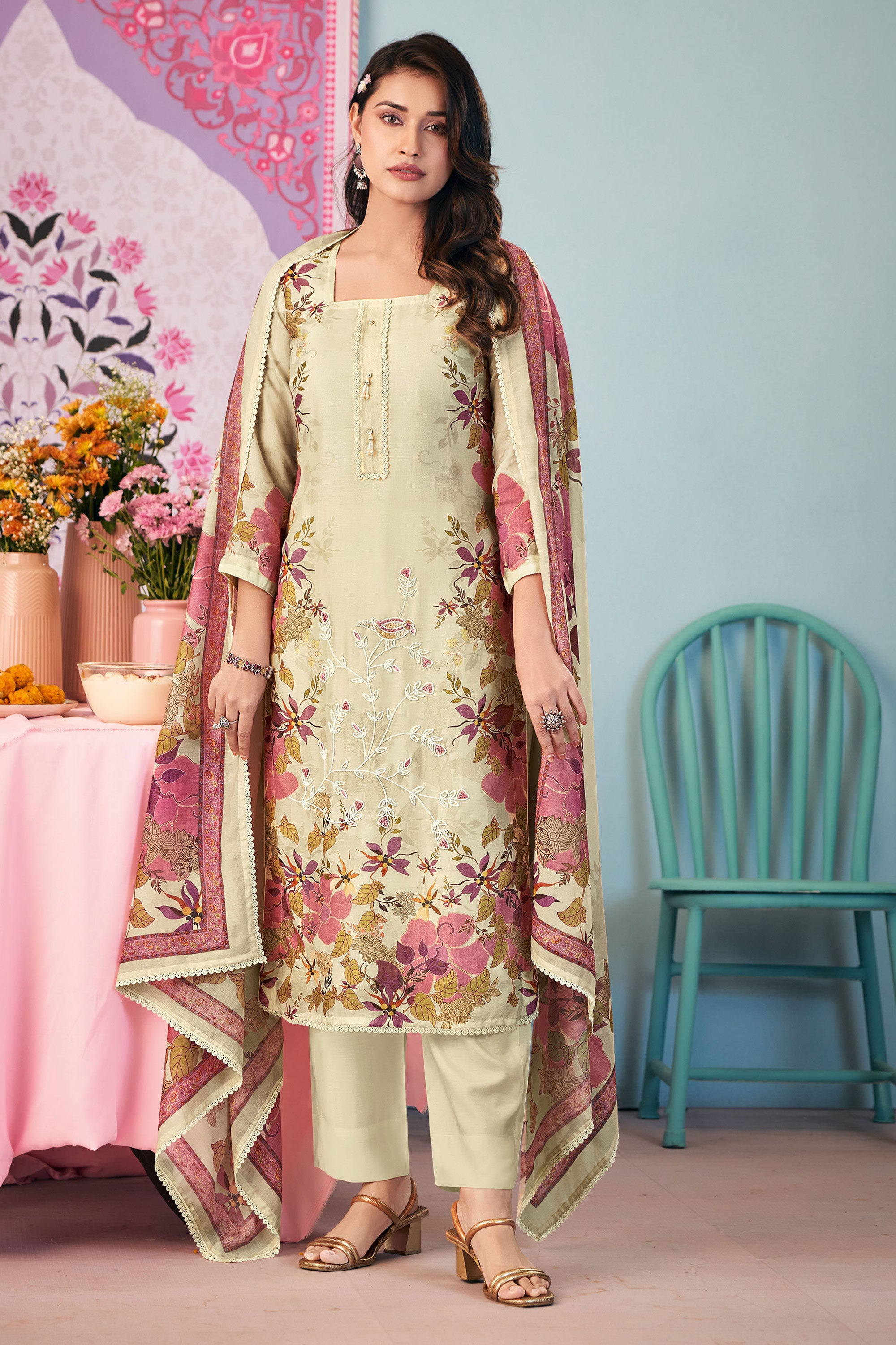 Bemberg Fancy Silk Digital Print Lace Work Salwar Suit
