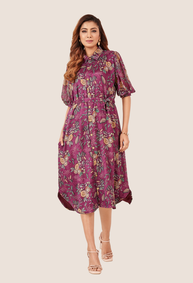 Purple chinnon  Fancy One Piece Dress With Belt