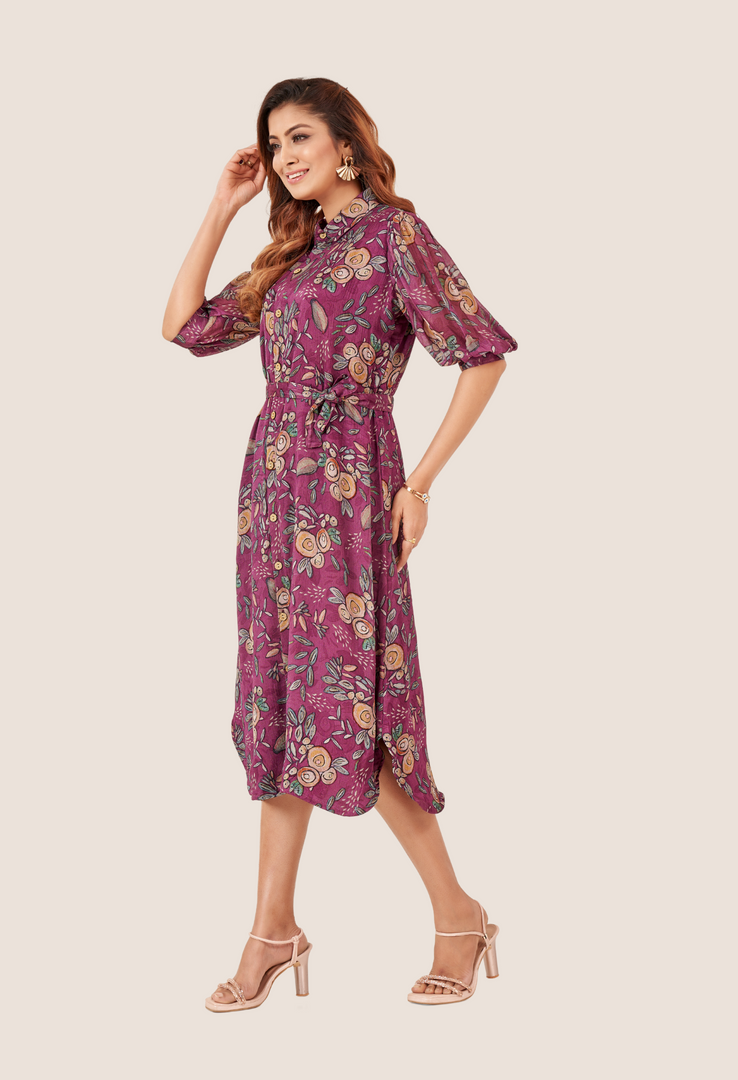 Purple chinnon  Fancy One Piece Dress With Belt