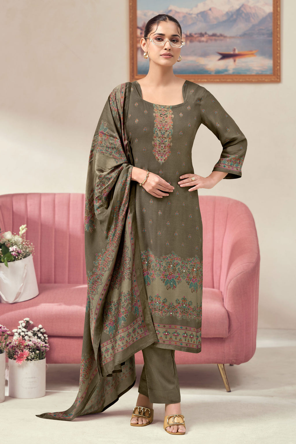Pure Bemberg Pashmina Handcrafted Digital Print Salwar Suit