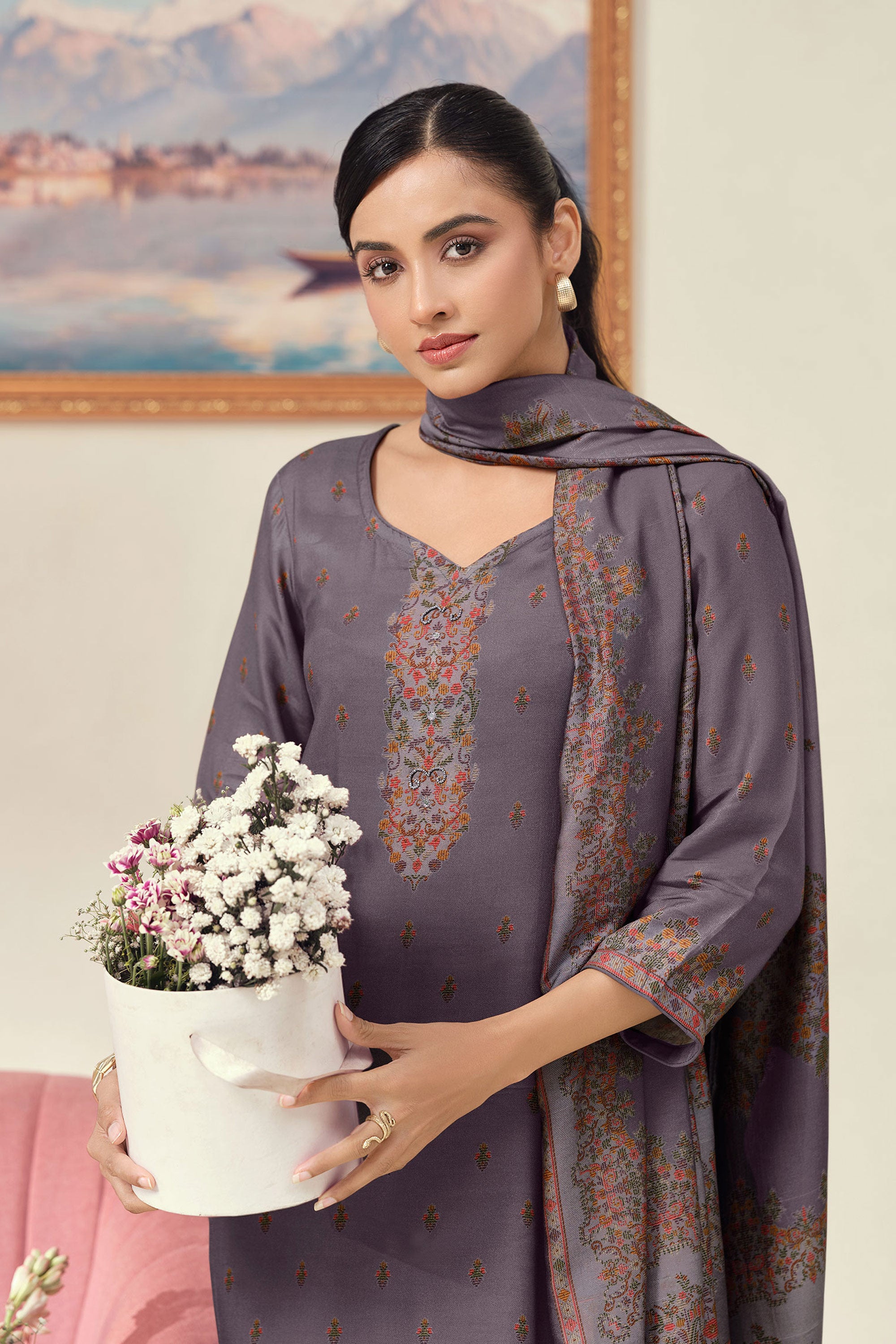 Royal Pashmina Digital Print Handwork Casual Salwar Kameez Secondary image