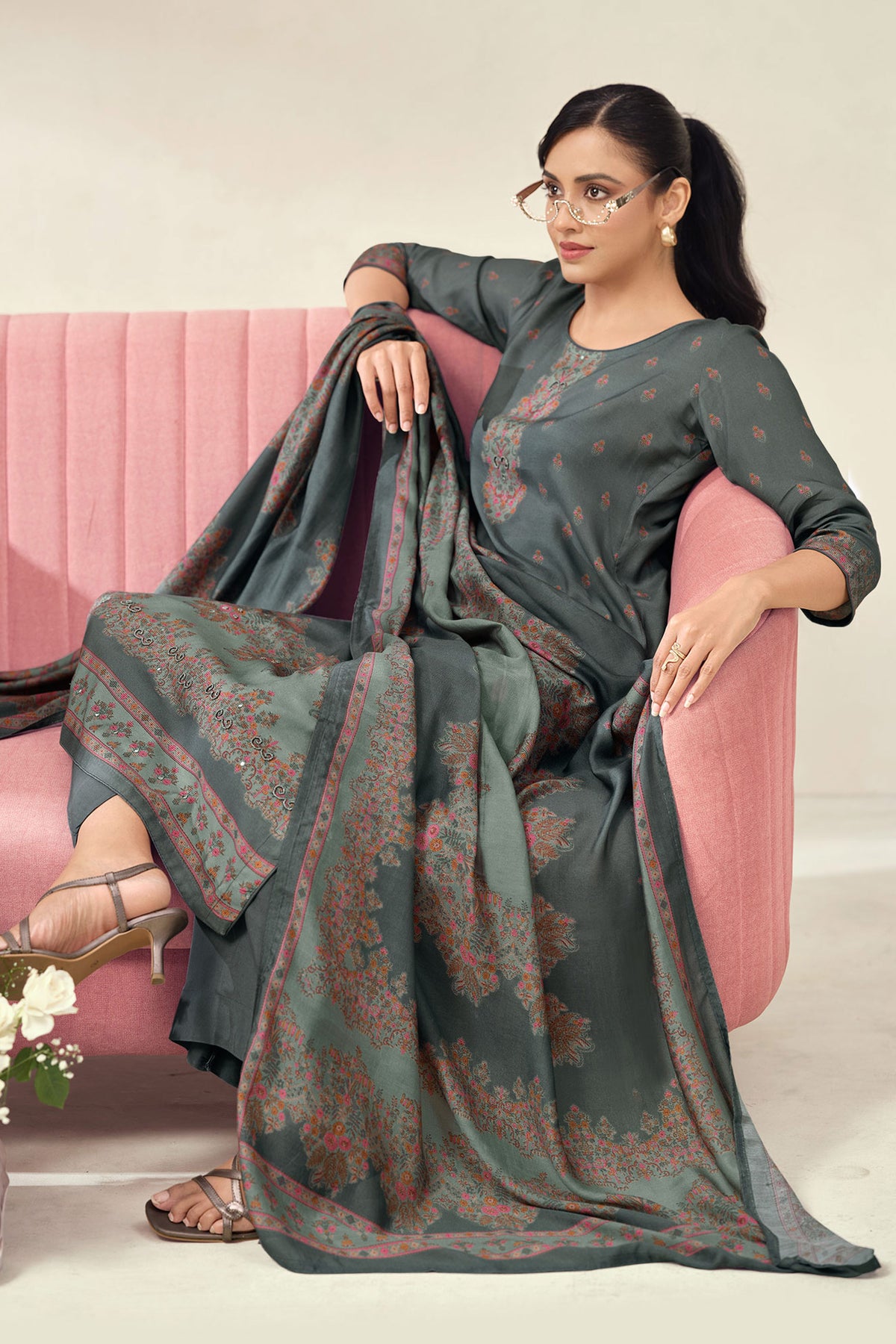 Pure Bemberg Pashmina Digital Print Handwork Designer Salwar Suit