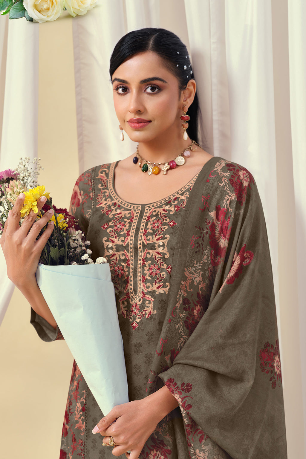 Premium Pashmina Digital Print Embroidered Salwar Suit