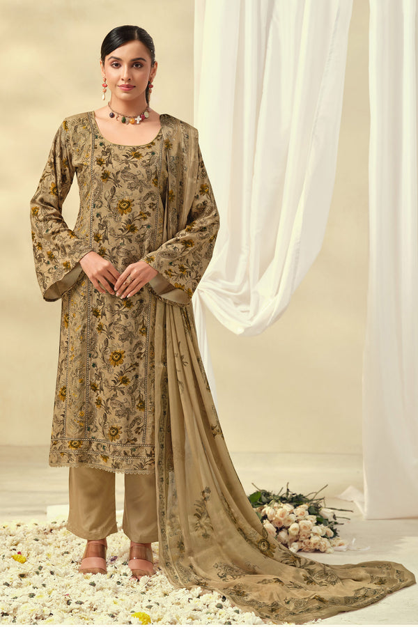 Elegant Pashmina Print Salwar Kameez With Lace Work