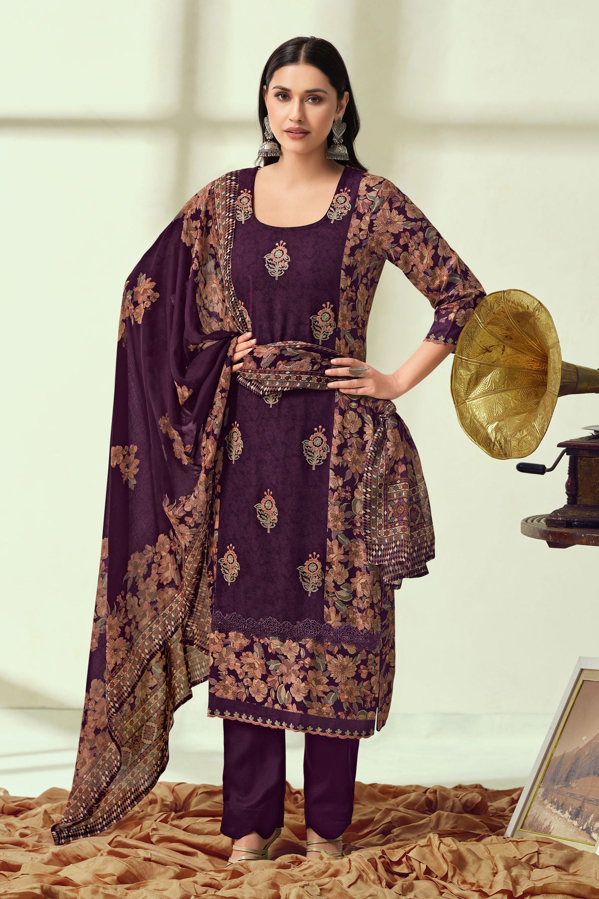 Elegant Pure Pashmina Embroidered Traditional Dress Material