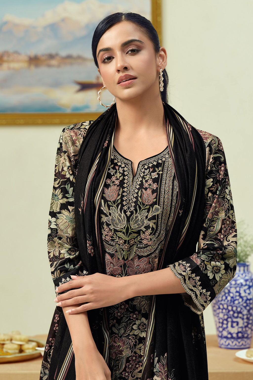 Pure Premium Pashmina Digital Print Embroidered Designer Salwar Kameez