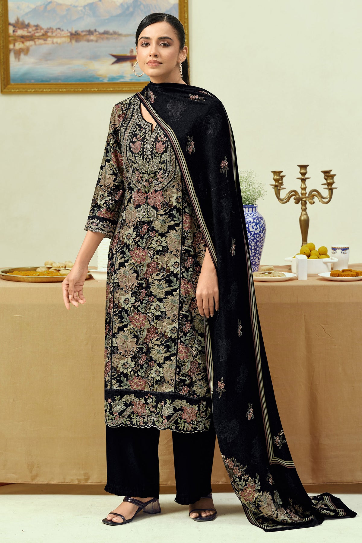 Pure Premium Pashmina Digital Print Embroidered Designer Salwar Kameez