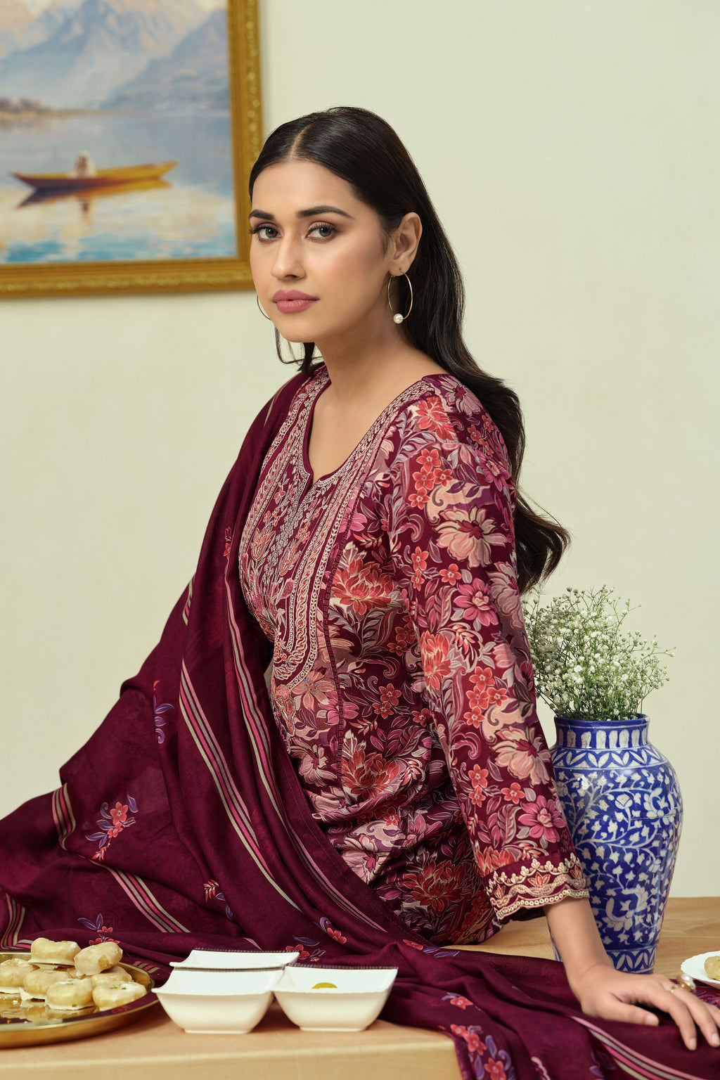 Pure Pashmina Digital Print Traditional Embroidered Three Piece Salwar Suit