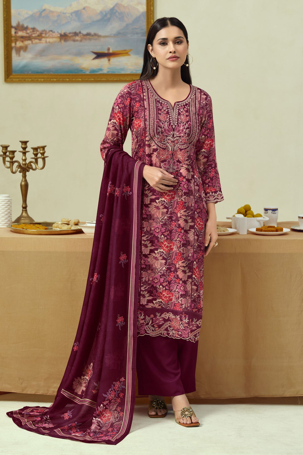 Pure Pashmina Digital Print Traditional Embroidered Three Piece Salwar Suit Main image
