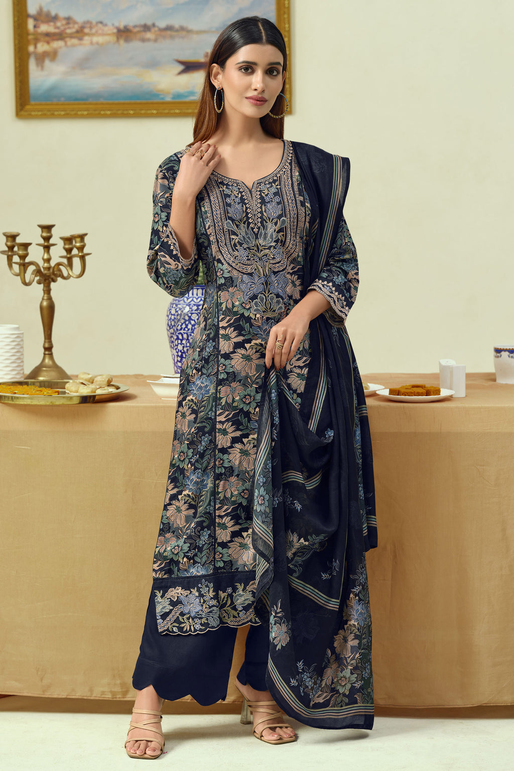 Premium Pashmina Shawl Digital Print Festive Wear Embroidered Salwar Kameez