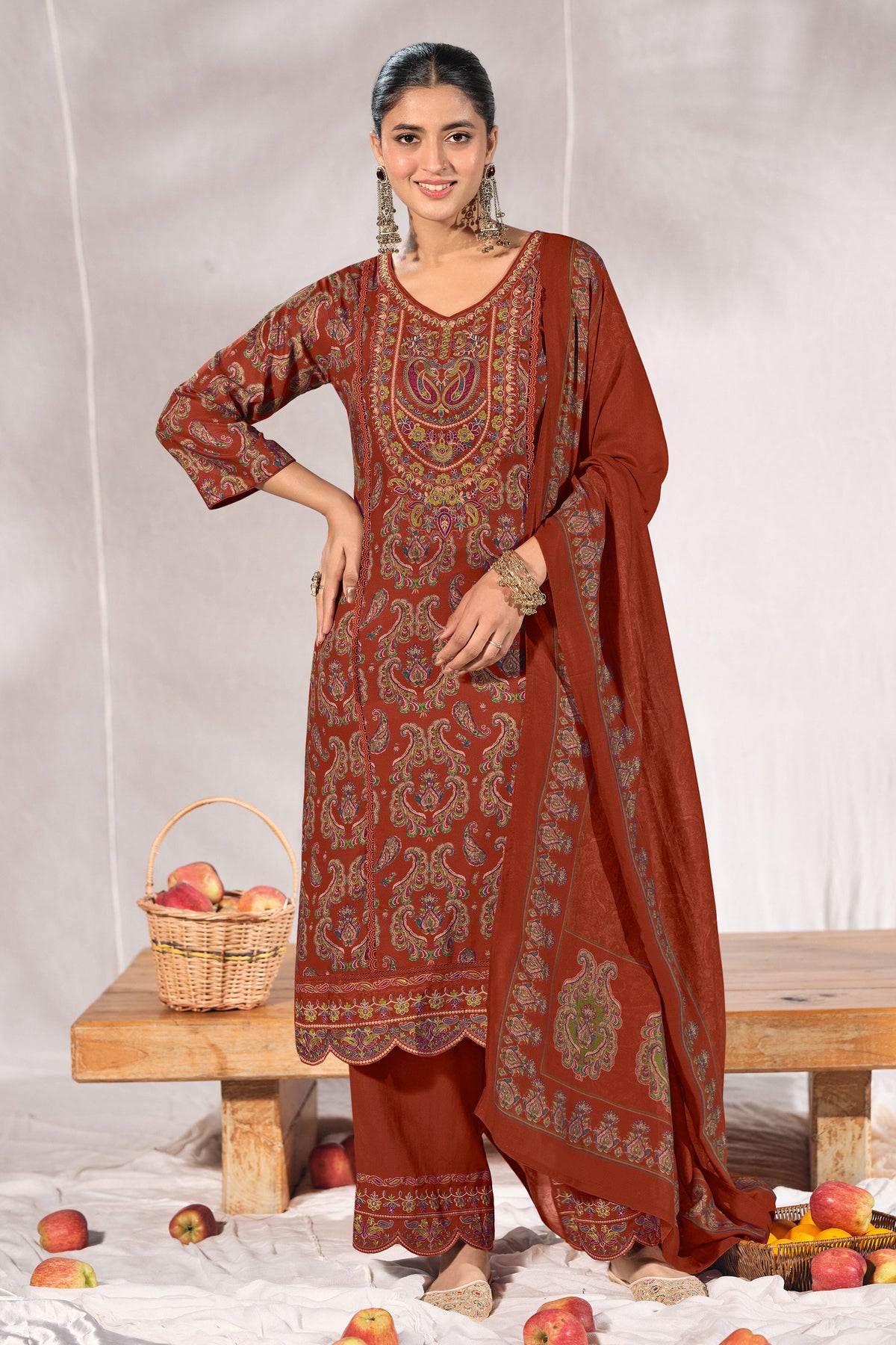 Designer Pashmina Embroidered Suit With Printed Shawl Dupatta Main image