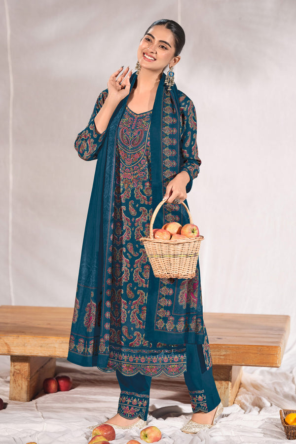 Premium Pashmina Three Piece Ethnic Suit With Embroidered Bottom