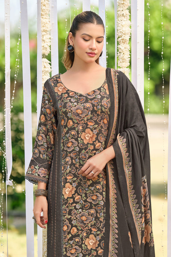 Pure Pashmina Digital Print Suit With Embroidered Bottom And Shawl