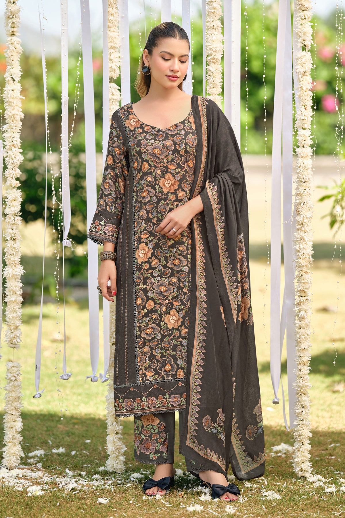 Pure Pashmina Digital Print Suit With Embroidered Bottom And Shawl Main image