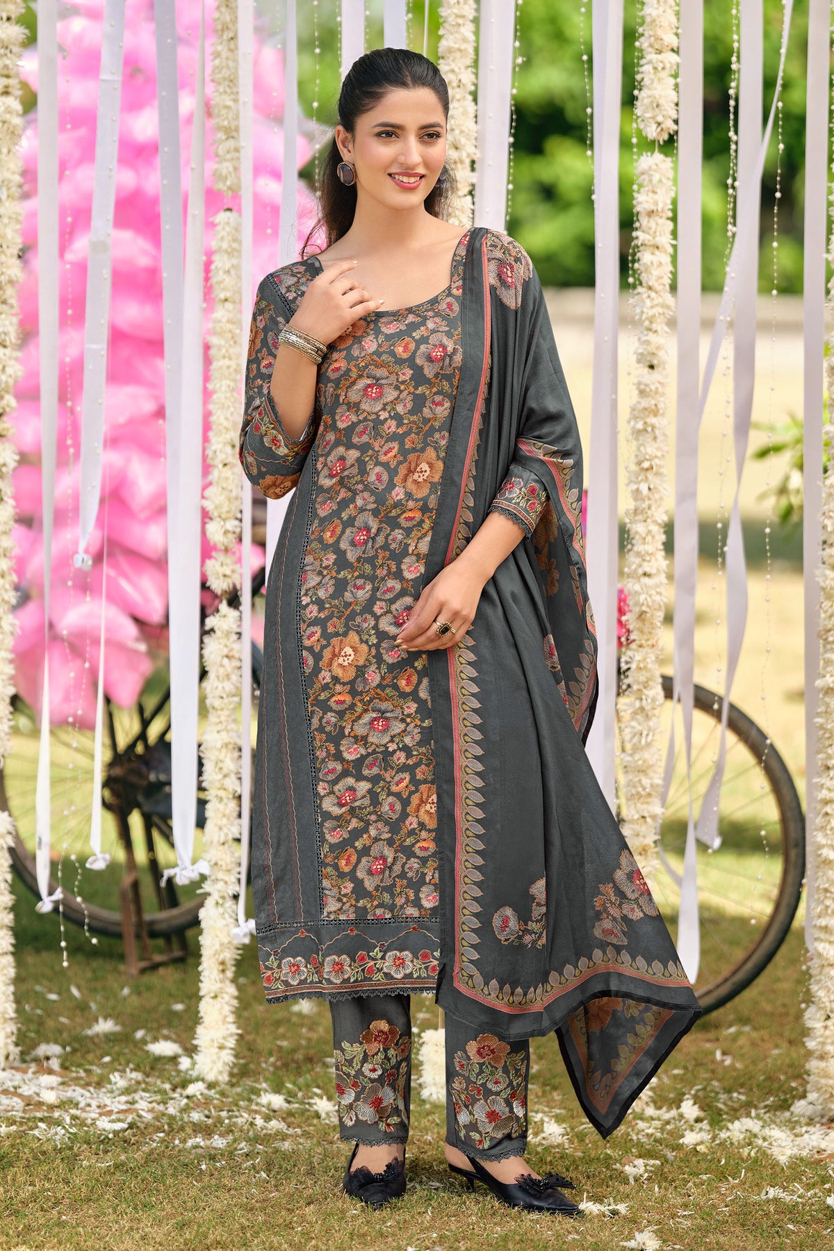 Designer Pashmina Embroidered Dress With Digital Print Dupatta Main image