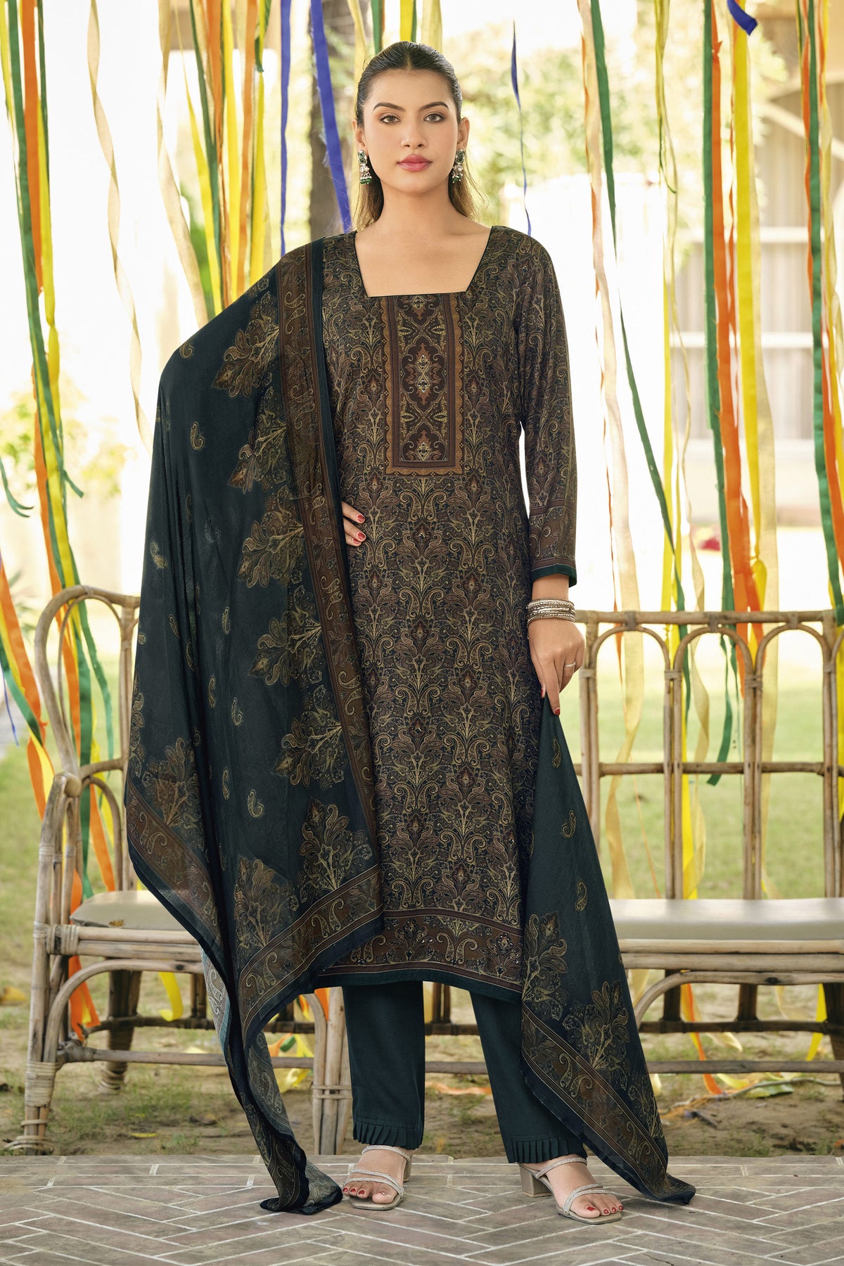 Elegant Pashmina Digital Print Salwar Suit With Printed Shawl