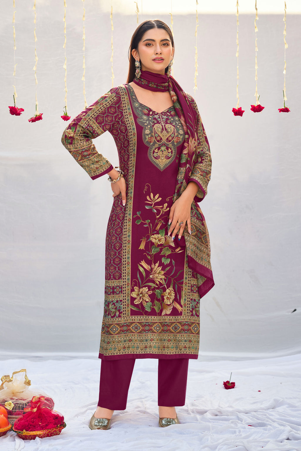 Royal Pashmina Digital Print Embroidered Festive Wear Suit